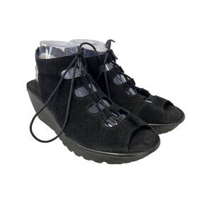 Skechers Parallel Lace Up Sandal Size 10 Black Suede Leather Peep Toe Comfort